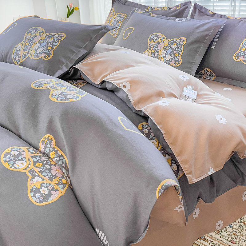 Simple Class A Washed Cotton Four-piece Bedding Set Princess Style Printed Quilt Cover Dormitory Bed Sheet Three-piece Quilt Cover