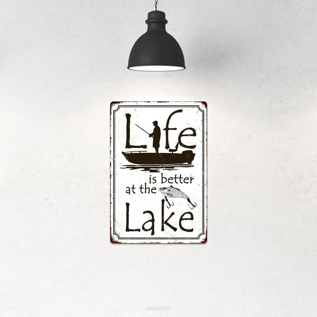 Funny Fishing Signs Life Is Better At The Lake Vintage Metal Fish Painting Art Printing Poster Wall Decor for Home Kitchen Bar Cafe Pub 12x8 Inch