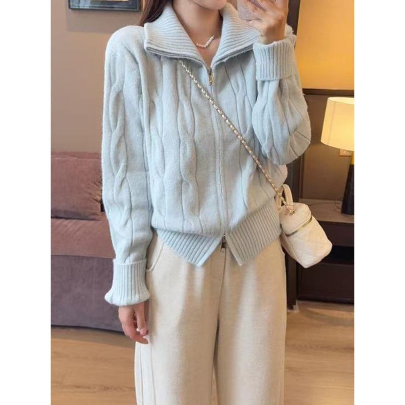 Autumn and winter thickened lazy style short knitted jacket turtleneck twist double zipper cardigan sweater women