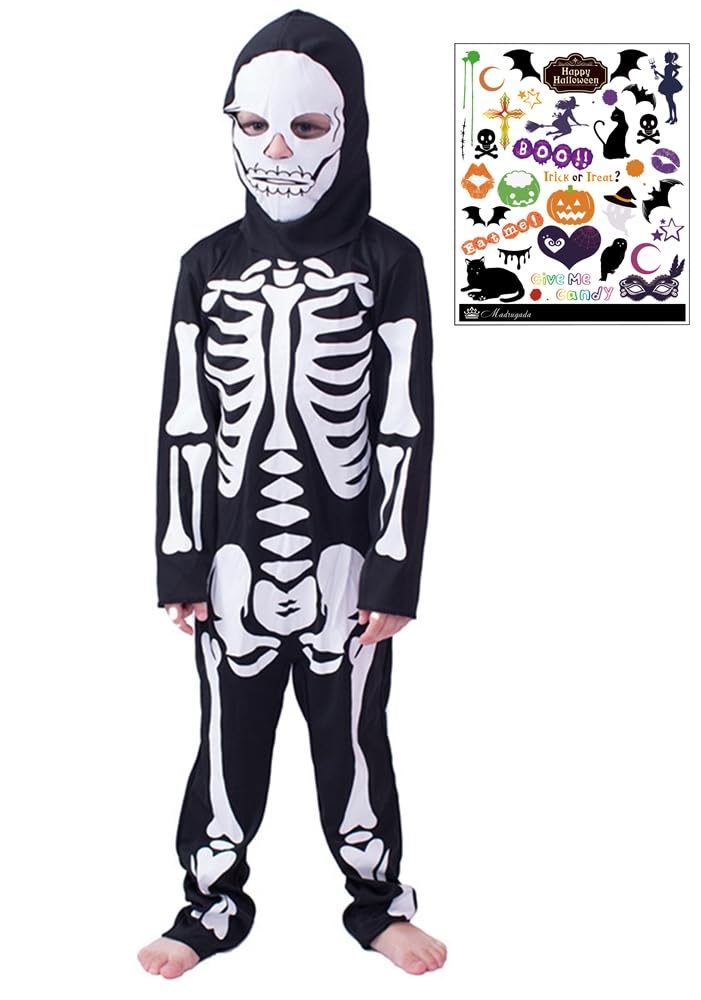 

Skeleton Bones Ghost Kids Horror Boys Girls Cosplay Costume Mask Halloween 2 Piece Set with Tattoo Stickers Kids Costume Unisex S798 [Muddlegada]