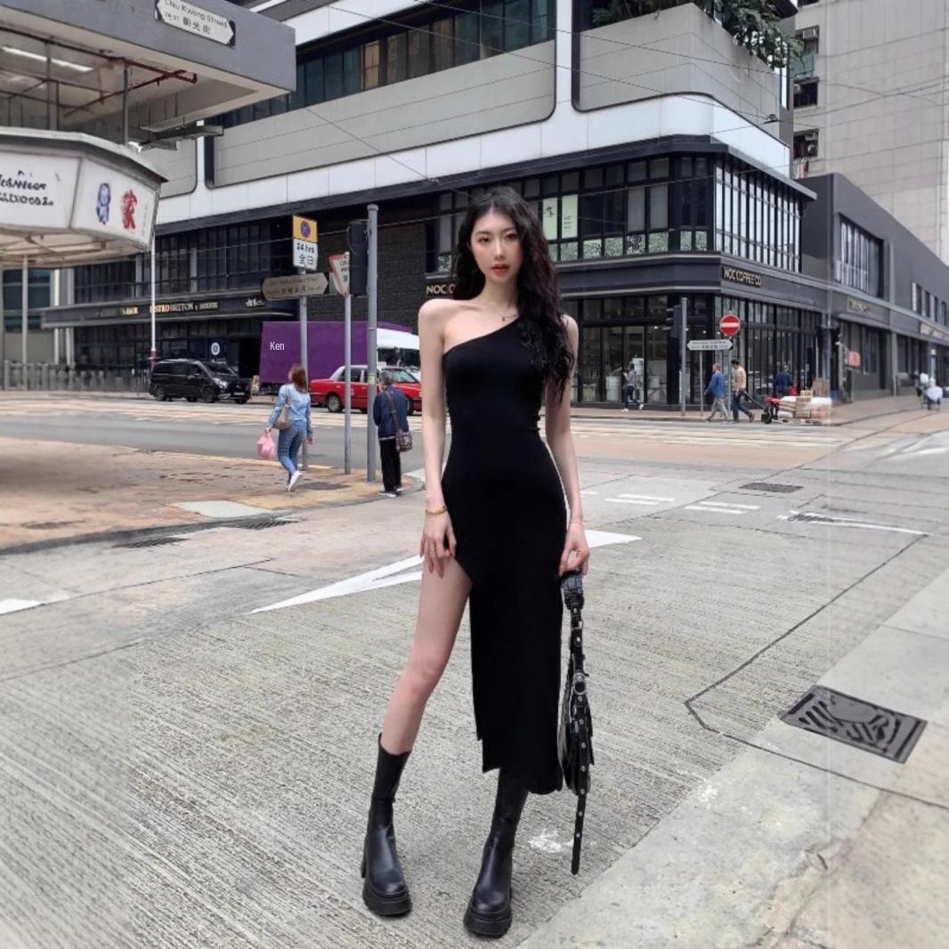 

Женское черное облегающее миди-платье без рукавов с разрезом - Сексуальный летний стиль Medium чёрный