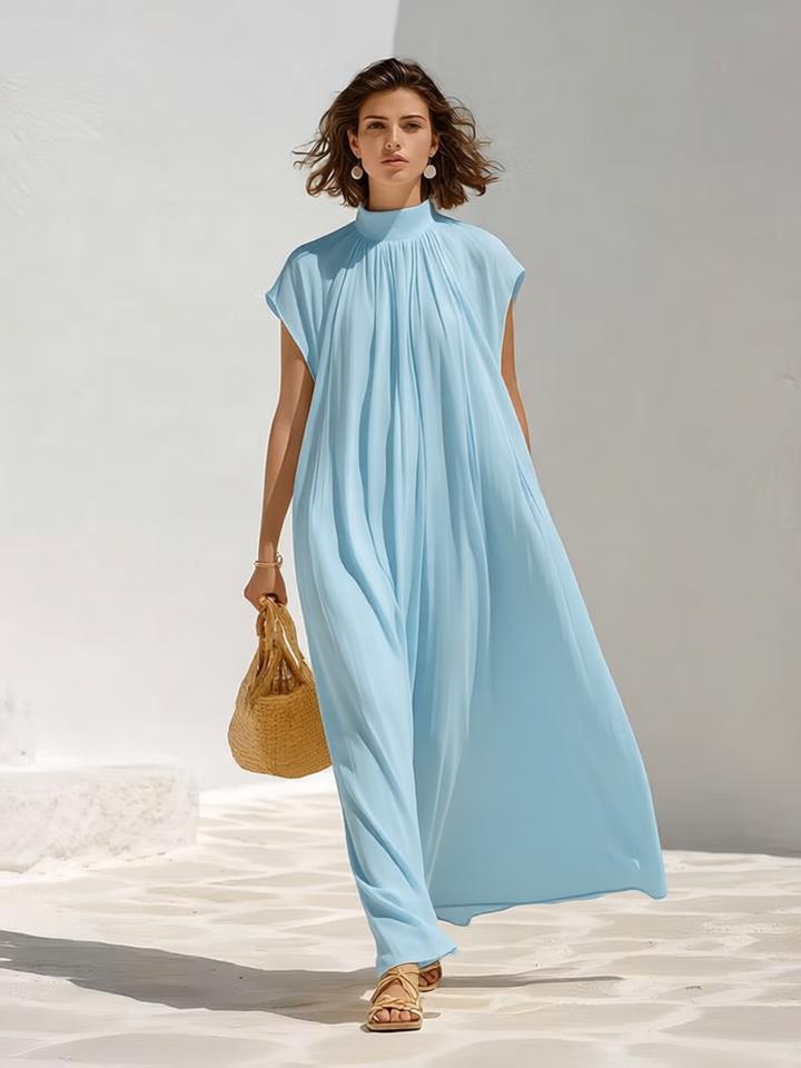 European and American women's simple gas texture super short-sleeved spring and summer thin long French pleated dress