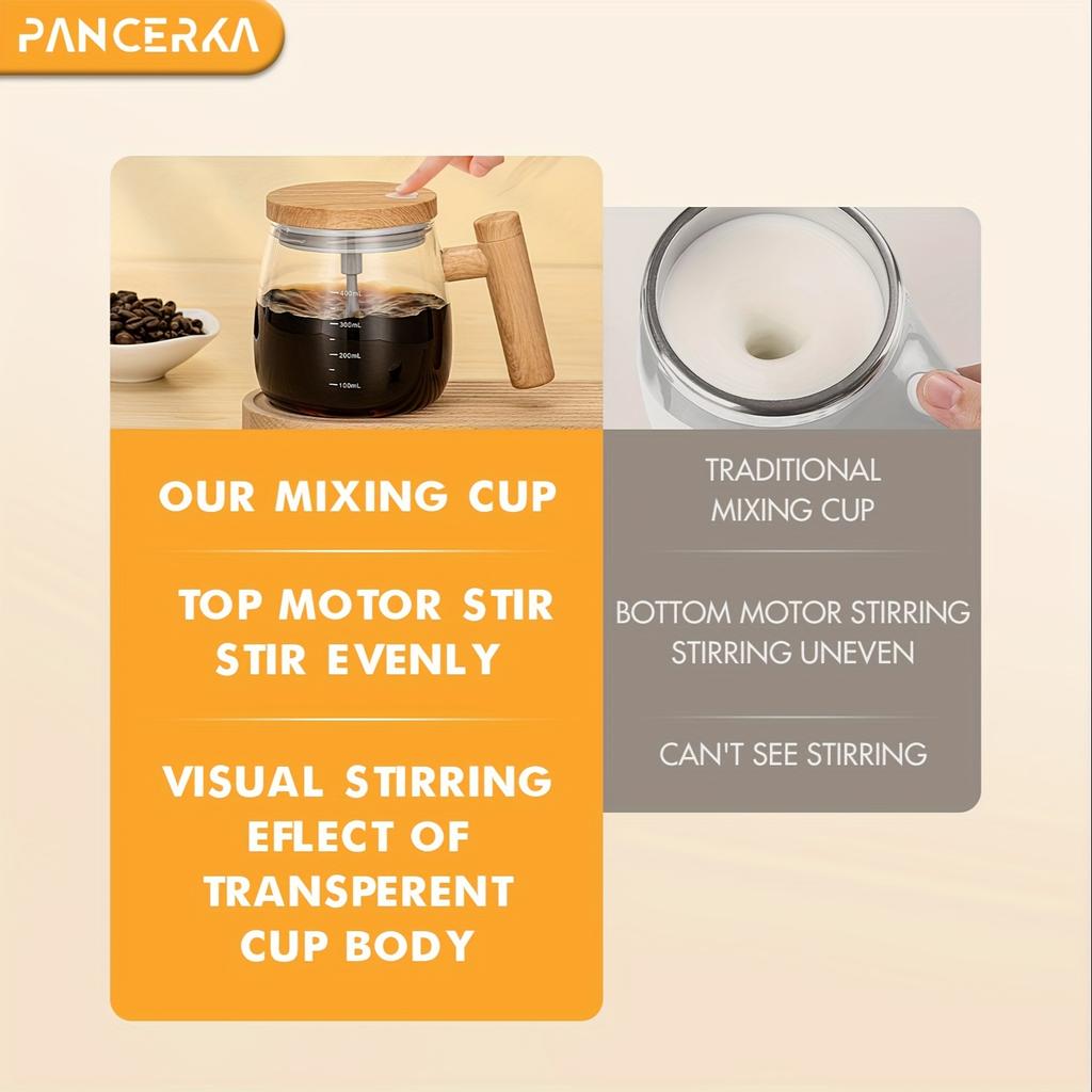 400ml Electric Self-Stirring Mug - High Borosilicate Glass Mixing Cup with Wooden Handle for Coffee, Milk, Protein Powder - Ideal for Home, Office