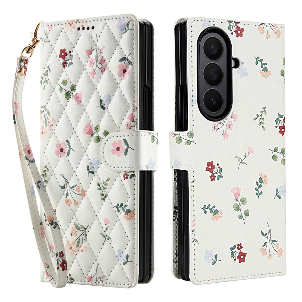 White Leather Colorful Flowers Wallet Flip Phone Case For Samsung Z Fold 7 6 5 4 5G Soft Wrist Strap Shockproof Cover