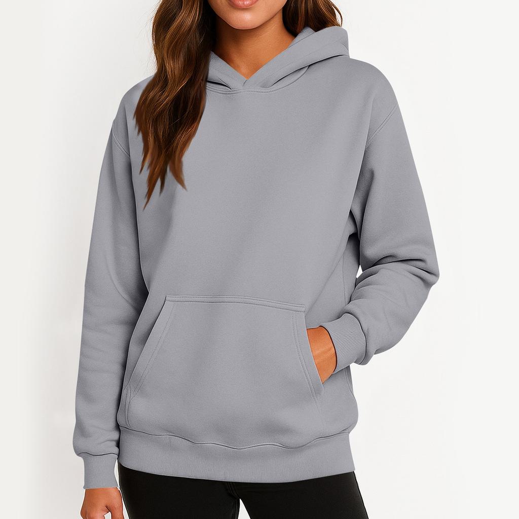 Ladies' Fashionable Solid Color Casual Hooded Pocket Long Sleeved Sweatshirt