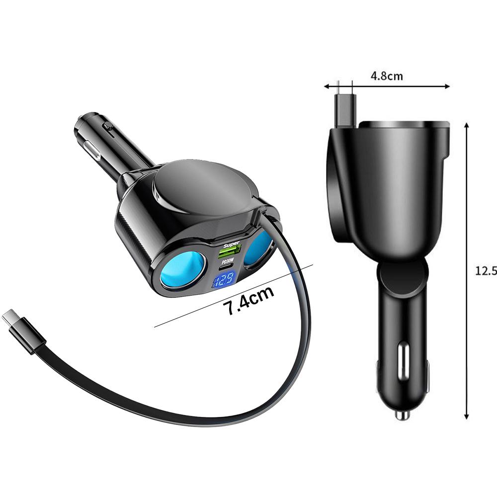 PD30W Einziehbarer Autoladegerät, 5-in-1 Schnelllade-Autoladegerät 120W mit Digitalanzeige Autoladegerät-Adapter Autozubehör Für iPhone, Samsung