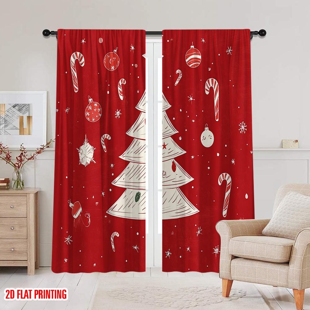 2pcs,2D Plane Printing Window Curtain Christmas Tree Ornaments Snowflakes_a Polyester Fabric (without Rod) Decorations For Home
