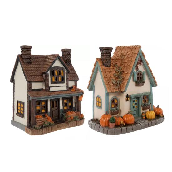 Kürbishaus Miniatur, Harz Herbsternte Dekoration mit handgeschnitzter Kacheltextur und Kürbisdetails, Retro Britisches Holzhaus für Halloween