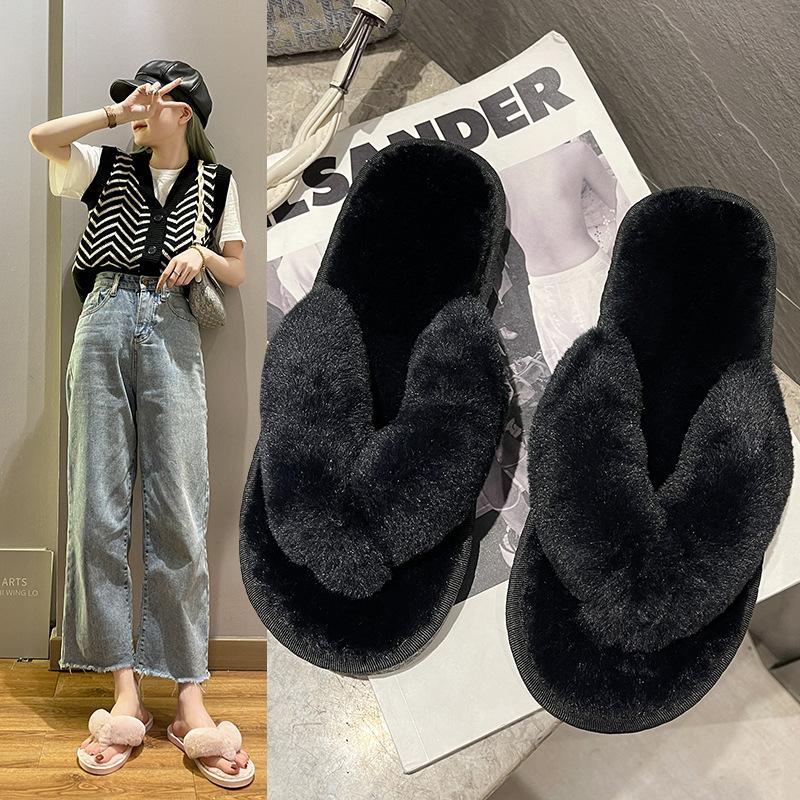 Fashion Women Fluffy Flip Flops Winter Outdoor Slippers Non Slip Flat Sandals Open Toe Large Size