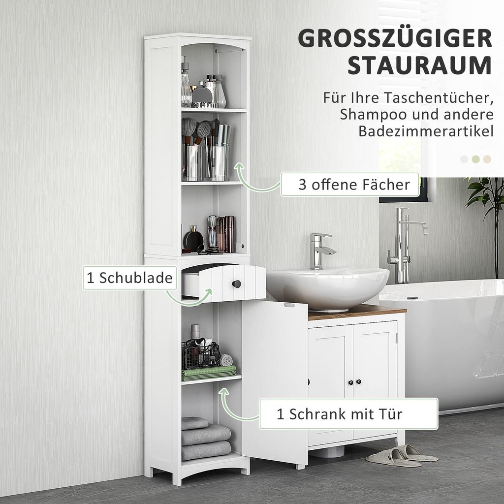 Badezimmerschrank mit 3 Regalen, 1 Schublade, stabil, MDF, weiß