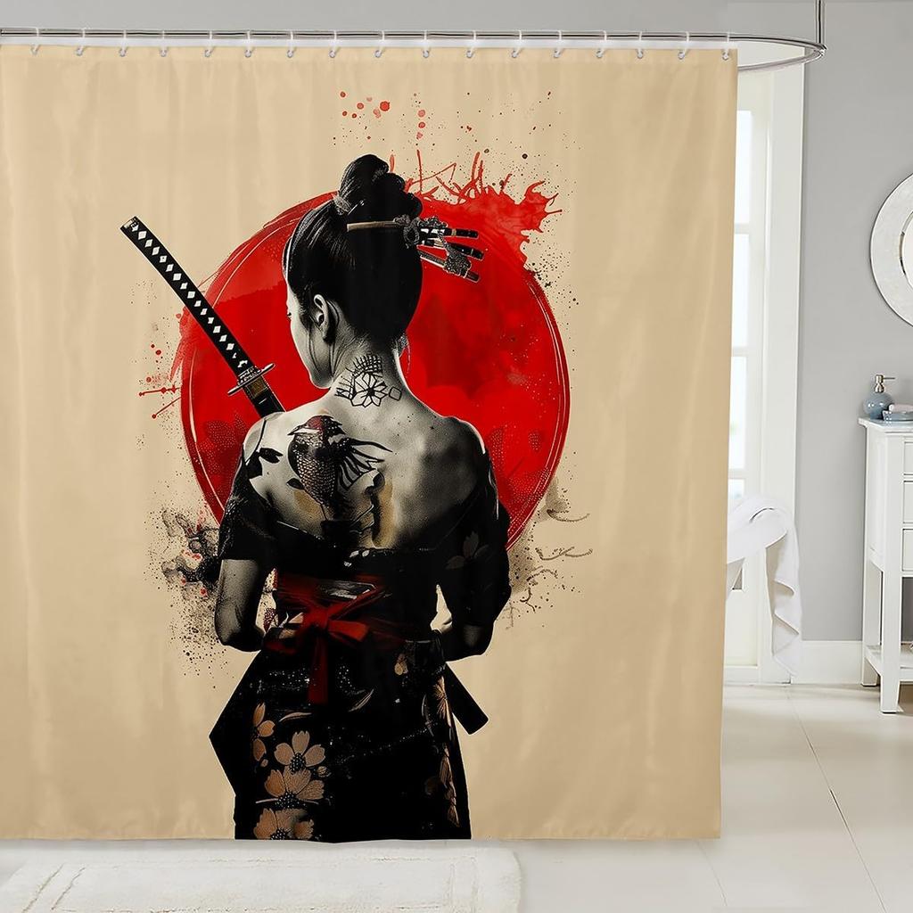 Kids Japanese Geisha Shower Curtain Boys Girls Cherry Blossoms Bathroom Shower Curtain Set Japanese Style Bath Curtain