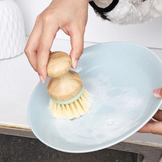 2Pcs Bamboo Dish Brush Flexible Bristles Ergonomic Handle Oil Proof Stain Removal Sink Plate Bowl Pan Scrub Cleaning Scrubber Kitchen Supplies