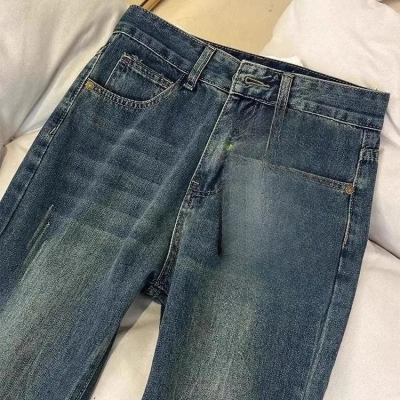 American Retro Non-skinny Fleece Slightly Flared Jeans for Women In Autumn and Winter, High-waisted Loose and Slimming Flared Wide-leg Pants