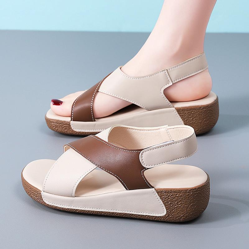 

New Women s Contrast Color Wedge Sandals Summer Peep Toe Non Slip Beach Shoes Woman Comfortable Platform Roman Sandalias 36 бежевый