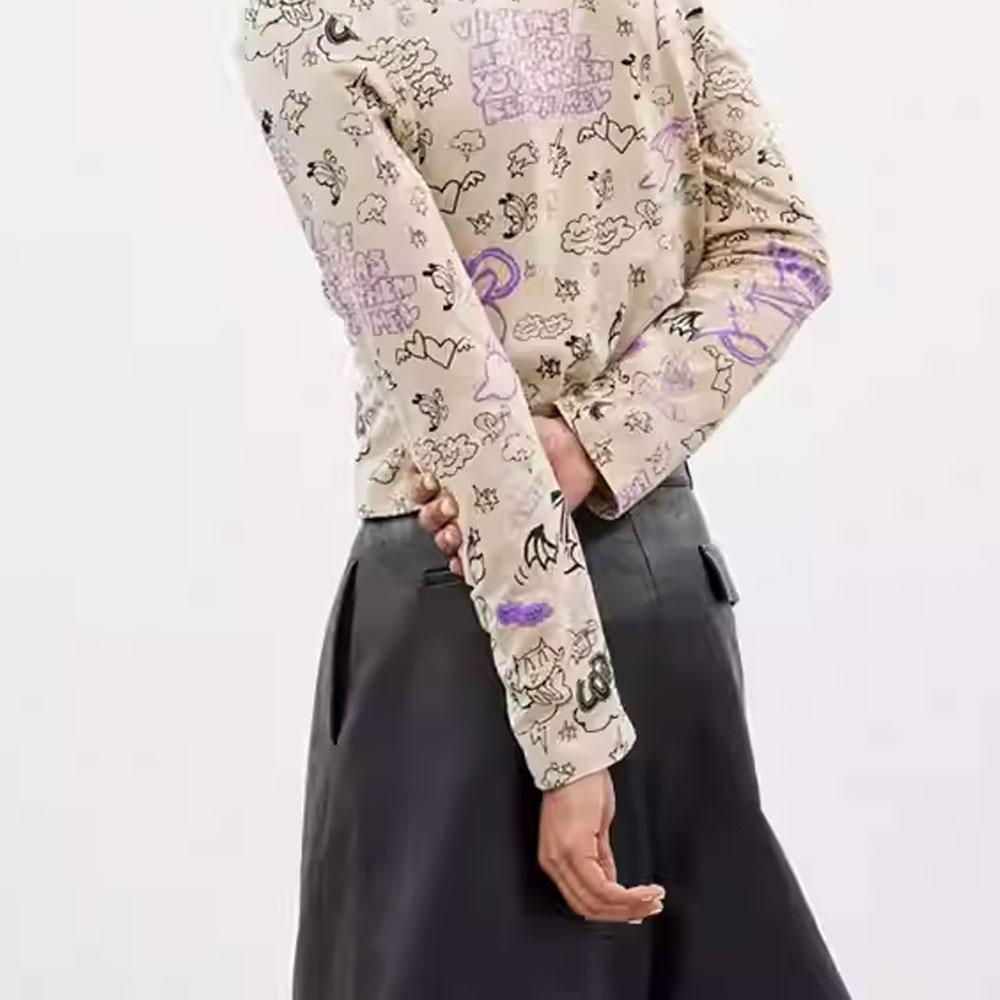 Coach Cartoon Print Round Neck Long Sleeve T-Shirt Unisex Tops Light-Beige CS452-WP8