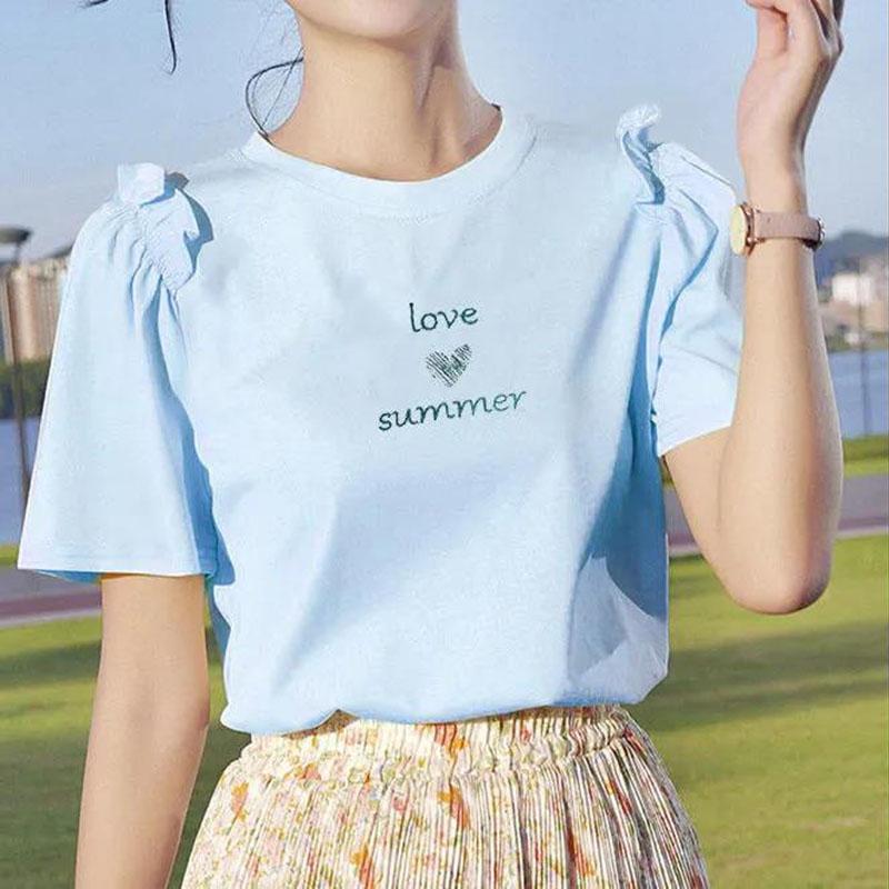 

Женская летняя свободная футболка с коротким рукавом и круглым вырезом с вышивкой XL