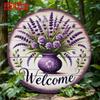 Vintage Metal Floral Welcome Sign Lavender Wreath Wall Art Hanging Plaque Home Decor