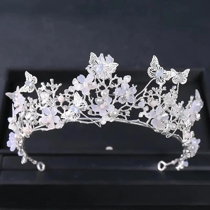 Exquisite Schmetterlinge Blumenkrone Handgefertigt Strass Prinzessin Festzugskronen Hochzeit Haarschmuck Brautdiademe Schmuck