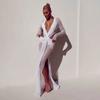 European and American style spring new women's clothing deep V mesh long-sleeved see-through waist sexy split dress