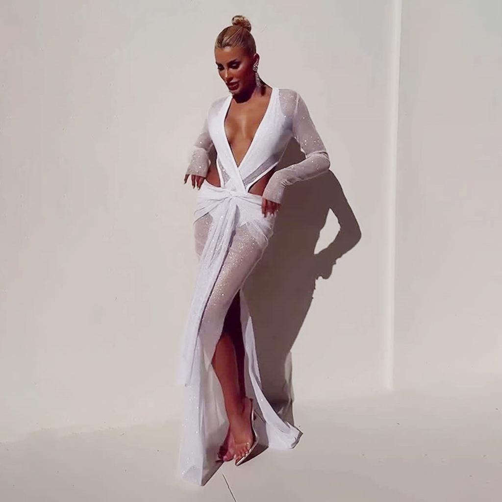 European and American style spring new women's clothing deep V mesh long-sleeved see-through waist sexy split dress