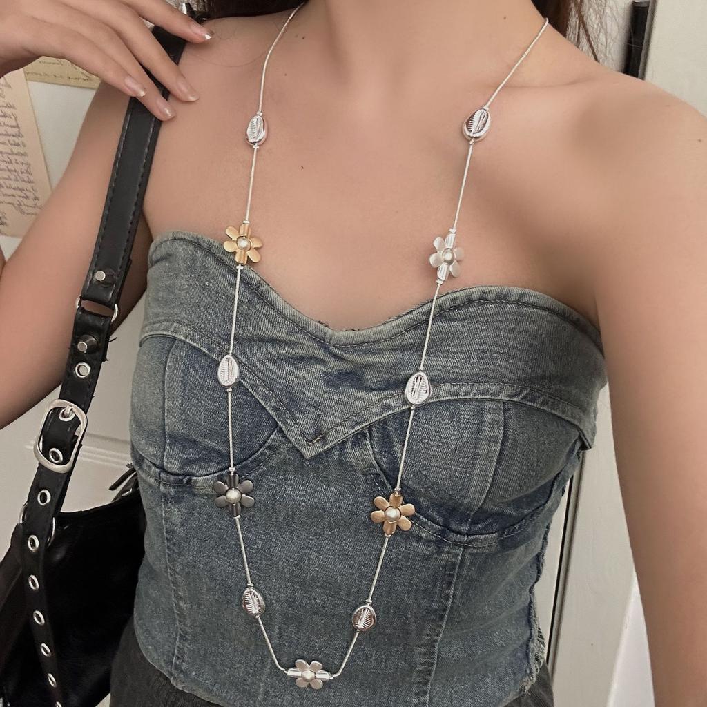 Sweet Trendy Geometry Metal Flowers Color Clashing Splicing Long Necklace for Women Multiple Ways To Wear Beach Vacation Jewelry