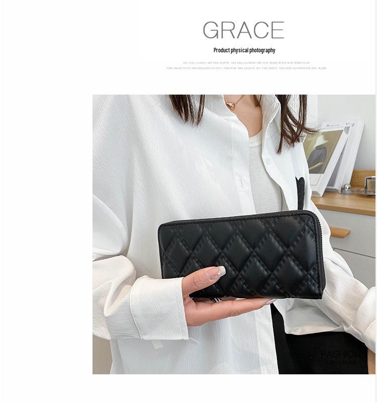 Women's Medium-Length Diamond Pattern Embossed PU Wallet Clutch - Solid Color with Zipper Coin and Phone Slots