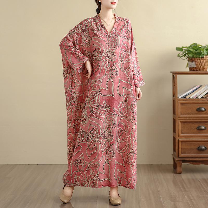 Dimanaf 2025 Women Plus Size Spring Long Dress Loose V-Neck Printing Vintage Casual Floral Oversize Long Sleeve 5059