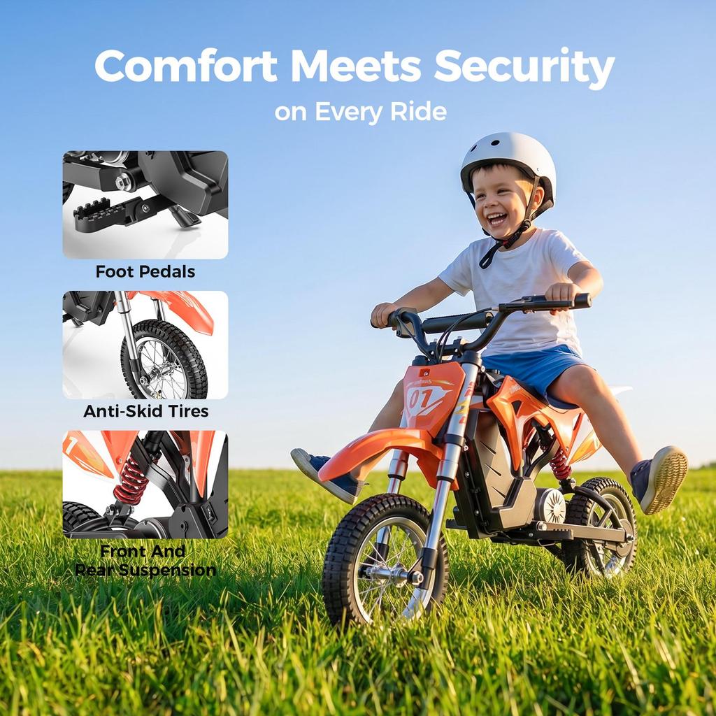 HillMiles MileRocket 1 Kids Electric Dirt Bike 36V 250W 12" Wheels 25km/h Max Speed 20km Range Dual Shock Absorber for Kids Teens
