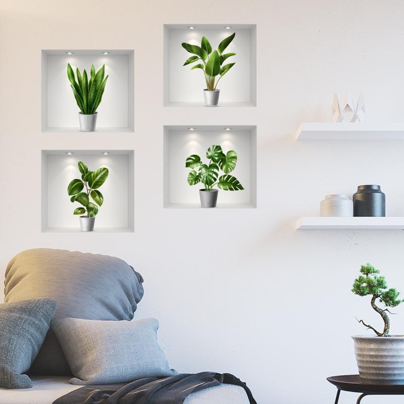 PVC 3D Simulation Green Plant Potted 3D Wall Stickers Living Room Background Study Office DIY Waterproof Decorative Stickers