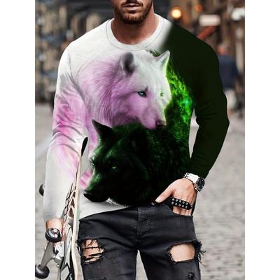 Spring Autumn Men's Round Neck Pullover Long Sleeved T-shirt 3D Wolf Print Men's Clothing
