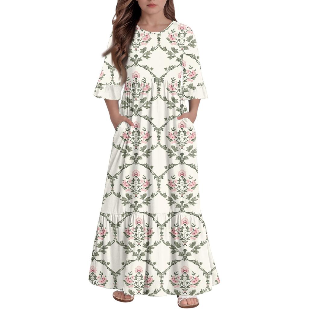 Girls' Tiered Ruffle Dress - 3/4 Sleeve Pocket Maxi With Pockets