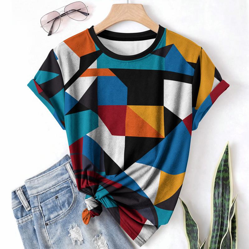 T-shirt da donna estiva a girocollo a maniche corte con motivo astratto stampato in 3D, artistica, leggera, casual e alla moda