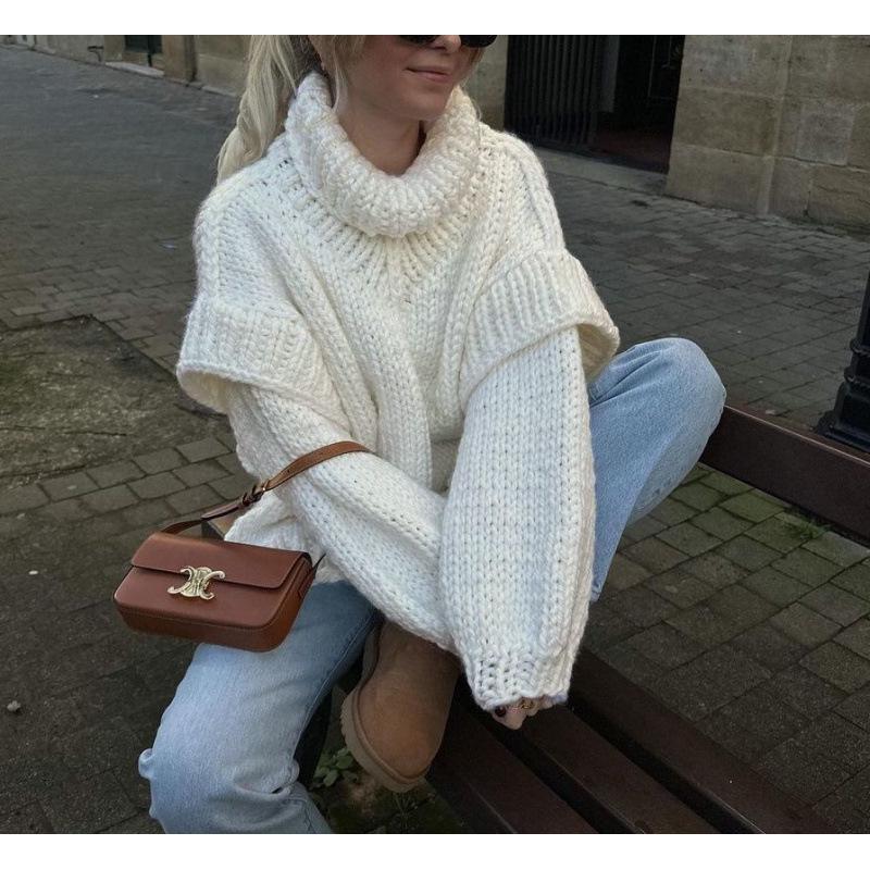 Women's Chunky Knit Fluffy High-Neck Sweater - Long-Sleeved Pullover