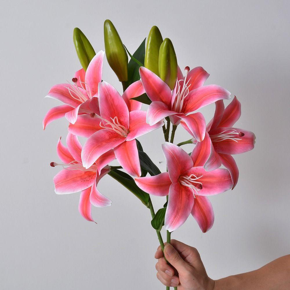 With 3pcs Flowers and 2pcs Bud Artificial Lily Flower 67cm 6 Colors Fake Flowers Dining Table Decoration Flowers Home Decoration