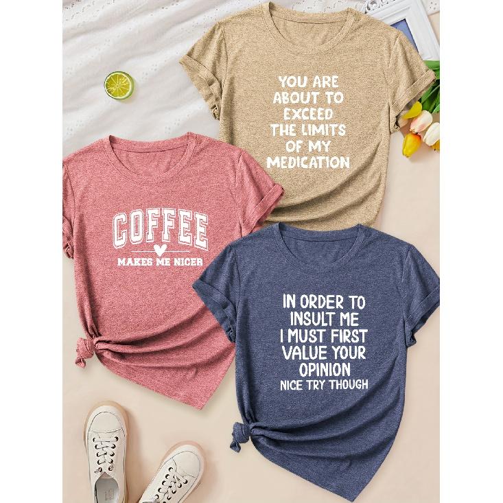 Women's Fashionable Elegant Style Simple Heart Fresh Letter Combination Gift Print Pattern Round Neck3Short-sleeved Shirt T Shirts for Women In