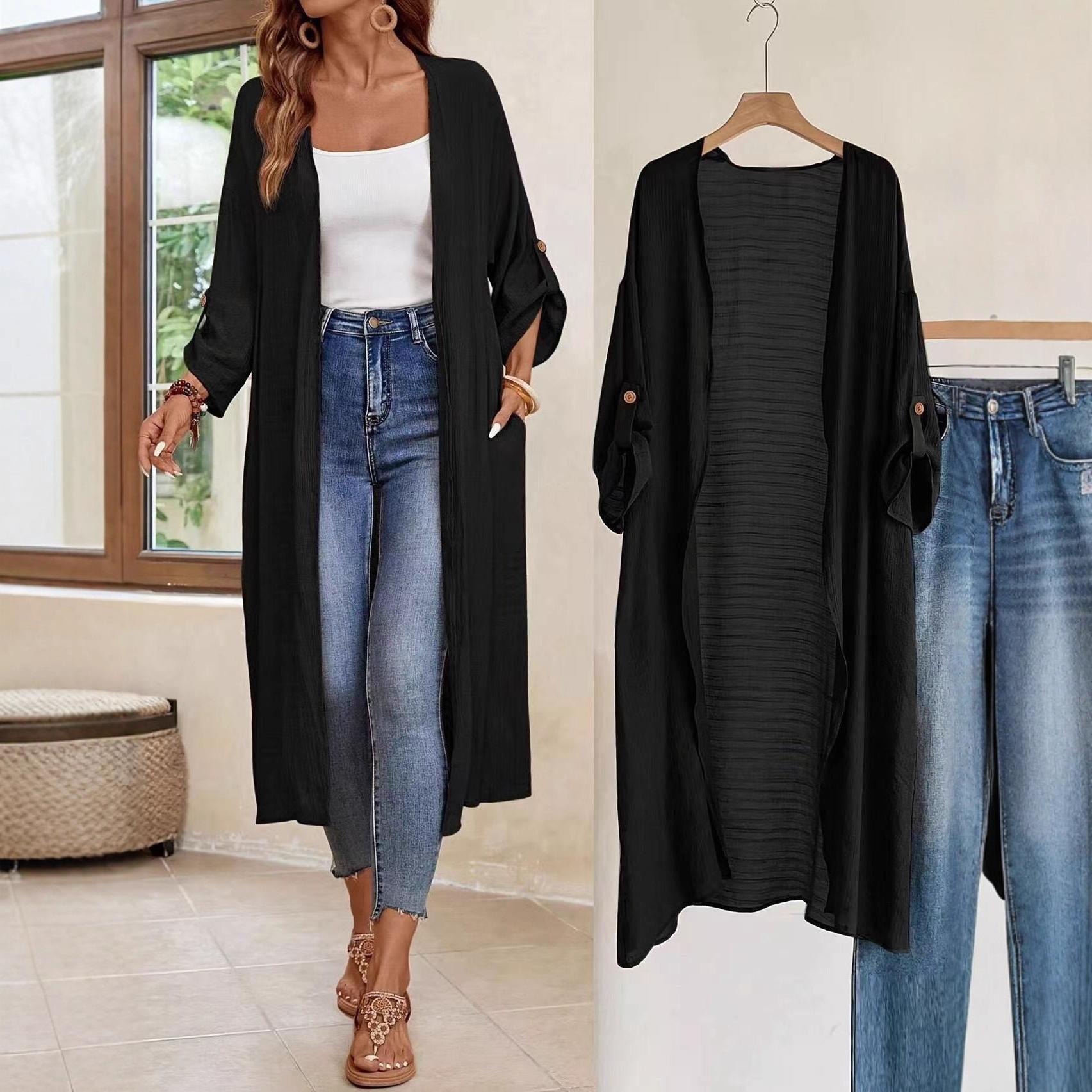 

Довгий кардиган для жінок, повсякденній та легкий верхній одяг з регульованими манжетами, однотонне пальто та вітрівка S чорний