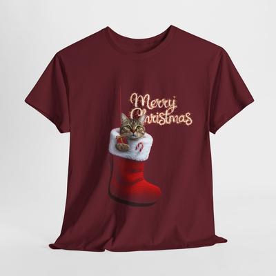 Christmas Cute Cat Unisex Tee, Christmas Stocking Holiday Graphic T-Shirt, Cat