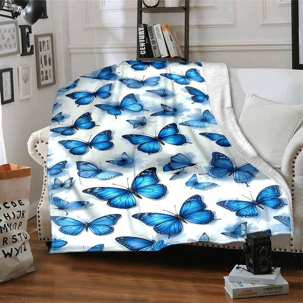 1pc Blue Butterflies Lightweight Flannel Blanket, Comfortable and Warm Blanket, for Office and Camping Sofa Bed, Livingroom031