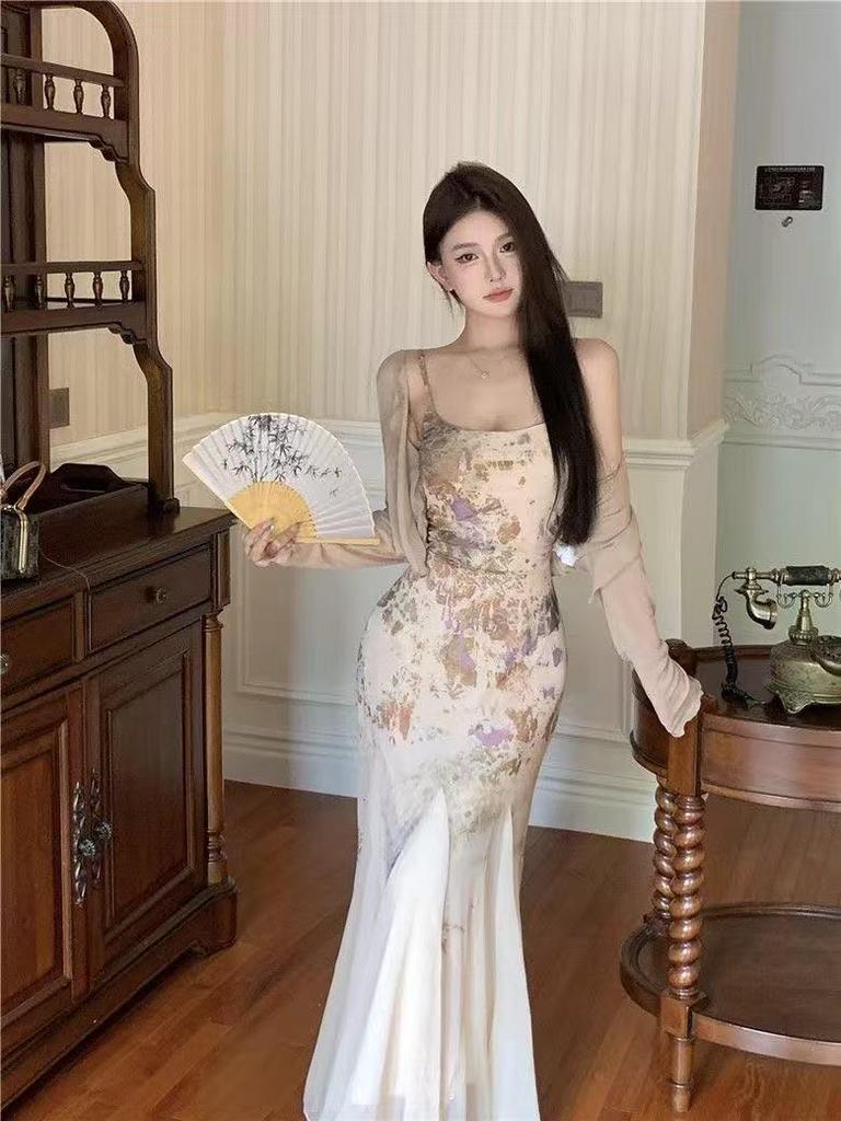 Women's Summer Floral Spaghetti Strap Bodycon Dress with Slimming Waist - Chinese Style