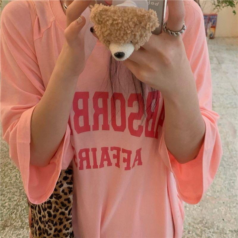 Women's Hong Kong Style Loose Fit Knee-Length T-Shirt Dress - Summer Short Sleeve, Slim Round Neck, Letter Print