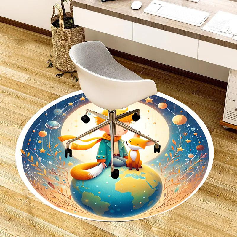 1pc and Fox on Earth with Stars and Planets Round carpet, Made of Polyester,Perfect for Decorating Office Chairs, Living Rooms,Vibrant Decorative Rug