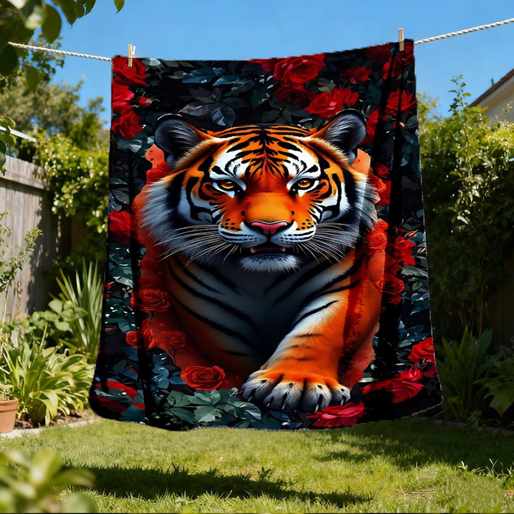 1pc Tiger Roses Outdoor Flannel Blanket, Cozy & Warm Soft Te Playful Design, Napping Camping,