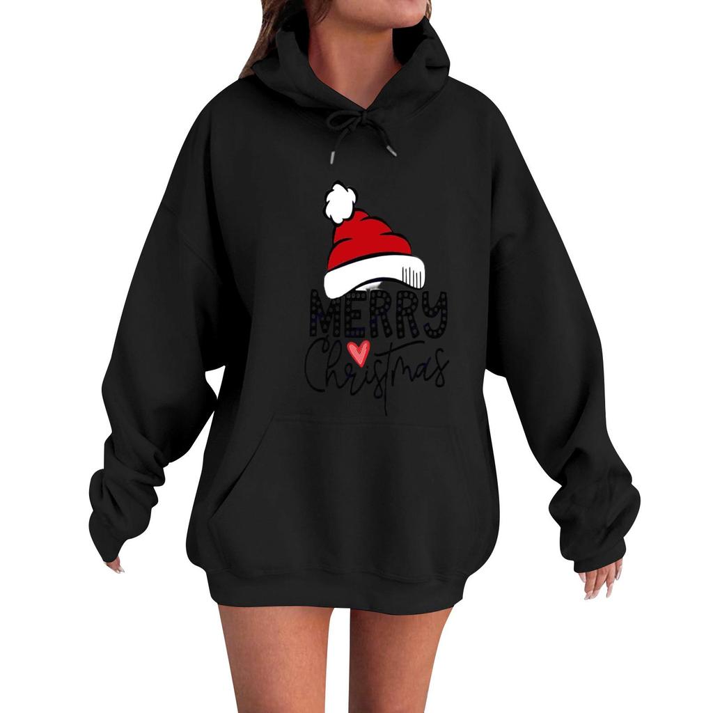 Women's Casual Comfortable Neck Hooded Long Sleeve Christmas Print Warm Sweatshirt