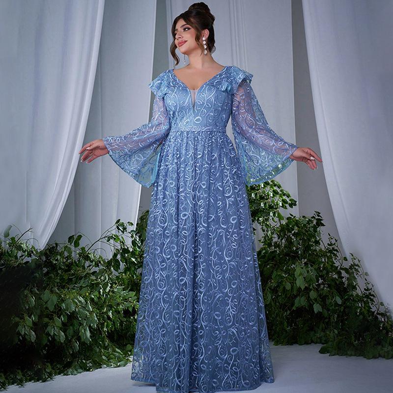 Women s 2026 V-Neck Cinched Waist Long Sleeve Mesh Dress 5XL