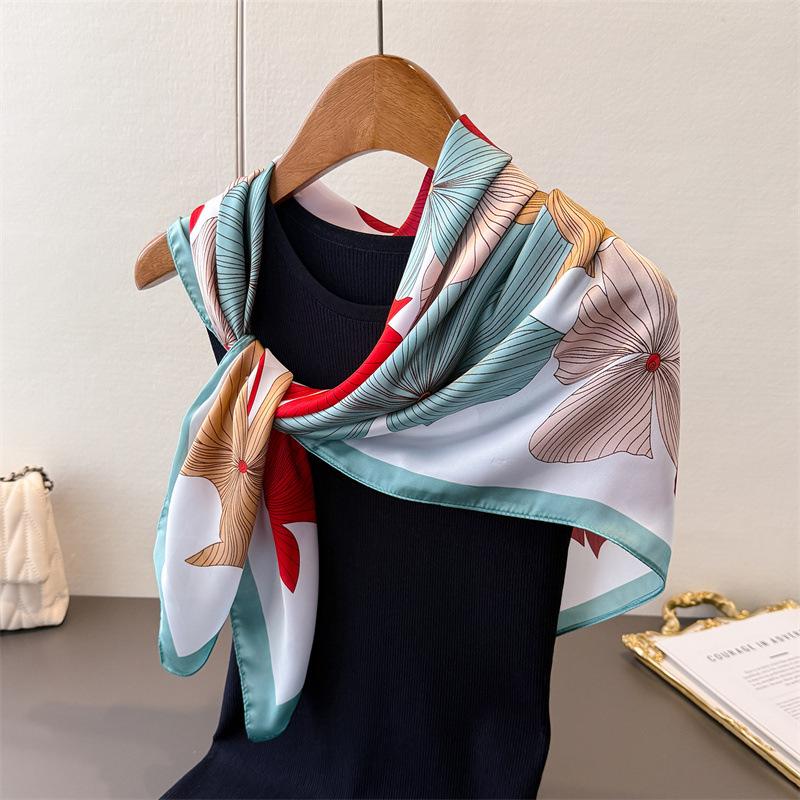Colorful Ginkgo Satin Imitation Silk Printing Large Square Scarf Silk Scarf Shawl Headscarf Neck Protection Scarf Decorative Women'S Scarf