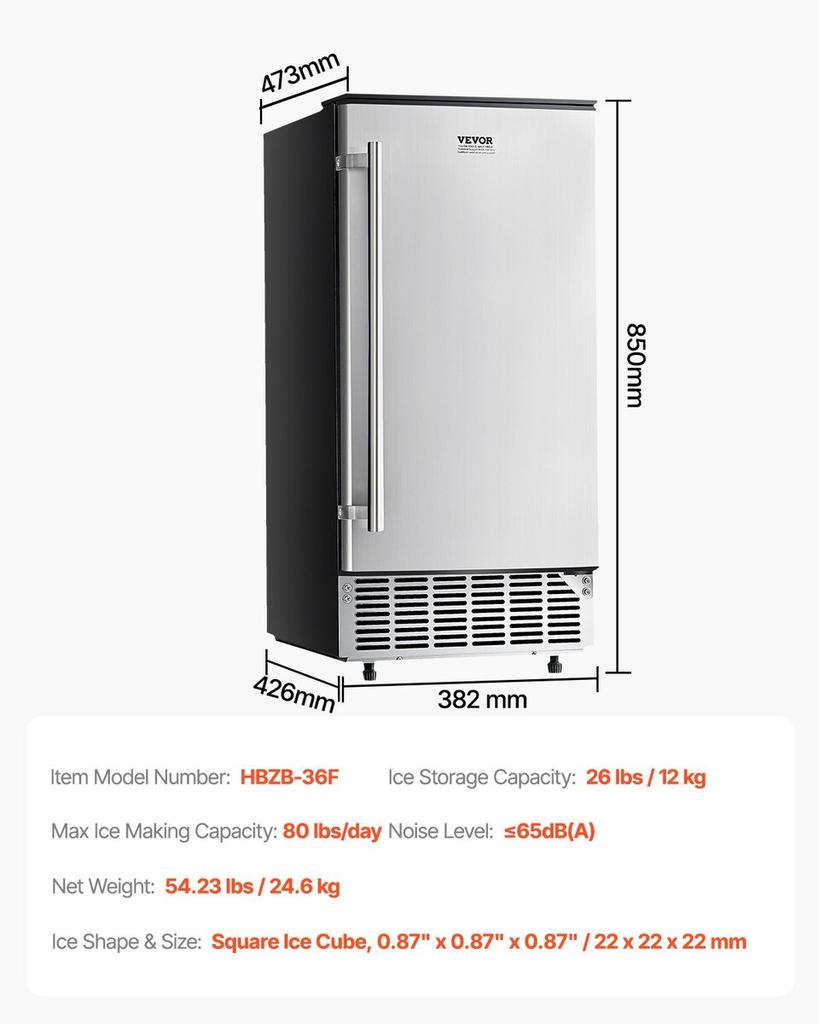 Undercounter Ice Maker 80 Lbs/Day Built-in Ice Machine with Reversible Door