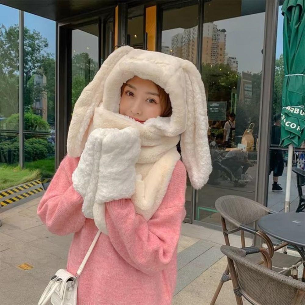 Plush Bunny Beanie Hat Scarf Thickened Ear Protection Cap Cute Hat Scarf Gloves Set  Woman Girls