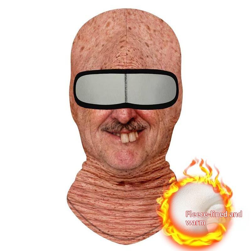 Maschera Facciale Traspirante a Copertura Totale con Stampa 3D di Vecchio, Fori per gli Occhi Bianchi, Baffi Bianchi, Maschera da Sci Elastica con Cappuccio
