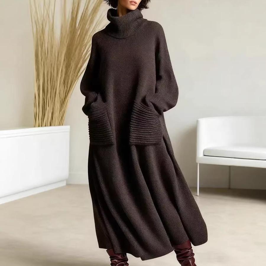 New Style High Neck Knit Dress Loose with Pockets