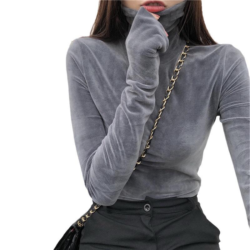 Women's Long-Sleeve Gold Velvet High-Collar Top, Thickened and Warm, Ideal for Spring, Autumn, and Winter.